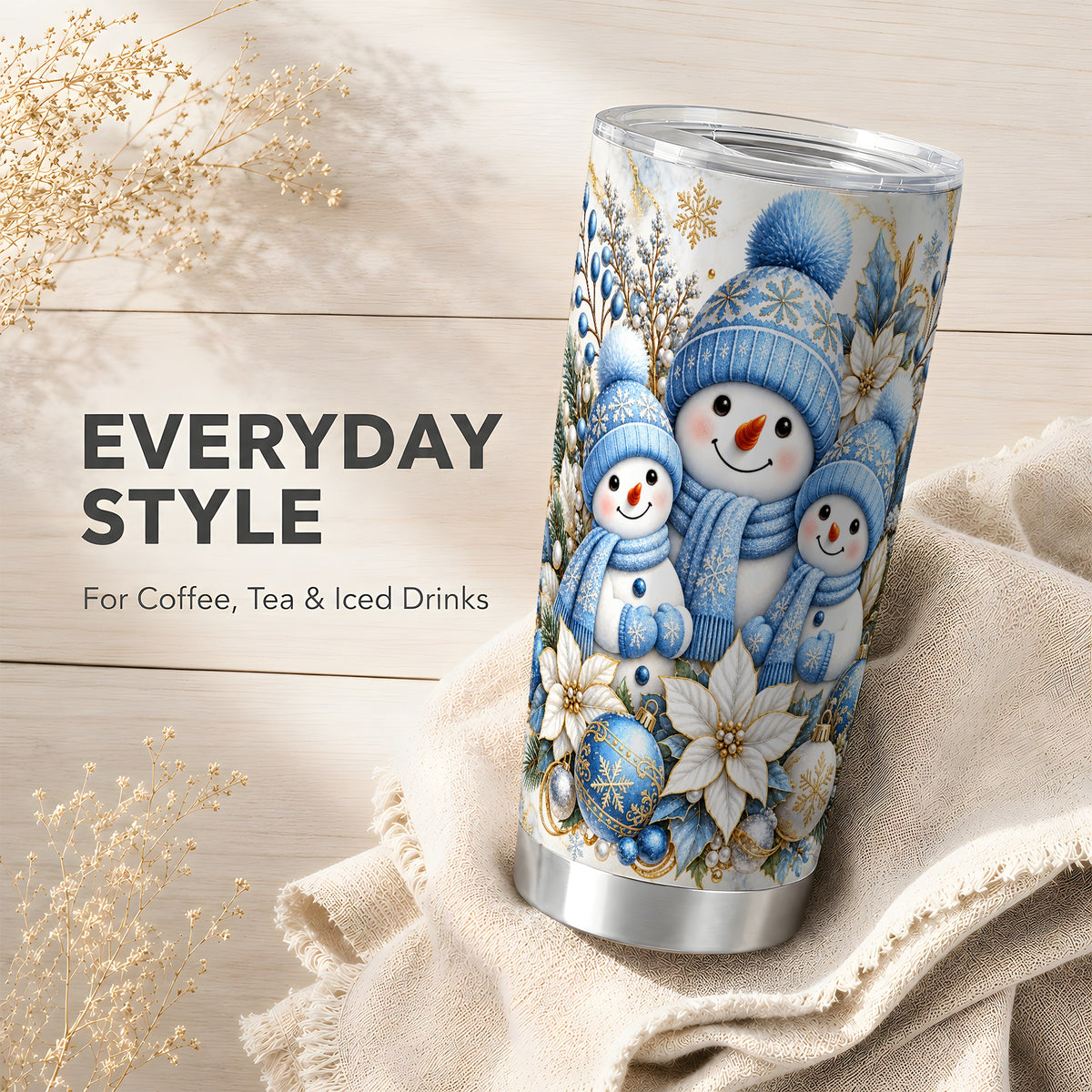 #pl[20oz|Steel] Snowman Family Tumbler 20oz, Blue Tumbler, Stainless Steel Travel Cup