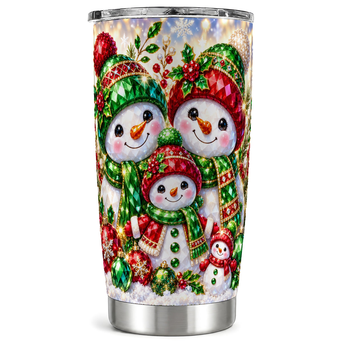 Jeweled Snowman Family Tumbler 20oz, Christmas Stainless Steel Travel Cup