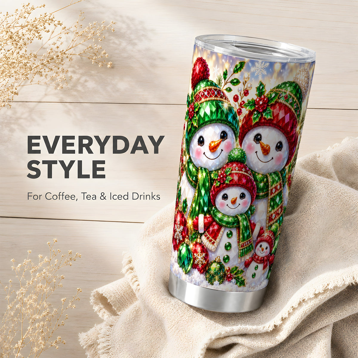 #pl[20oz|Steel] Jeweled Snowman Family Tumbler 20oz, Christmas Stainless Steel Travel Cup