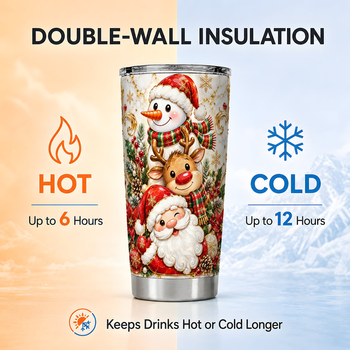 #pl[20oz|Steel] Santa Reindeer Snowman Tumbler 20oz, Holiday Stainless Steel Travel Cup
