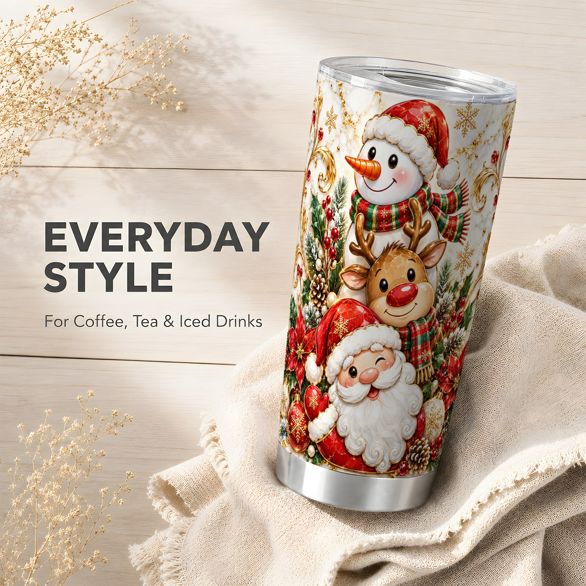 #pl[20oz|Steel] Santa Reindeer Snowman Tumbler 20oz, Holiday Stainless Steel Travel Cup