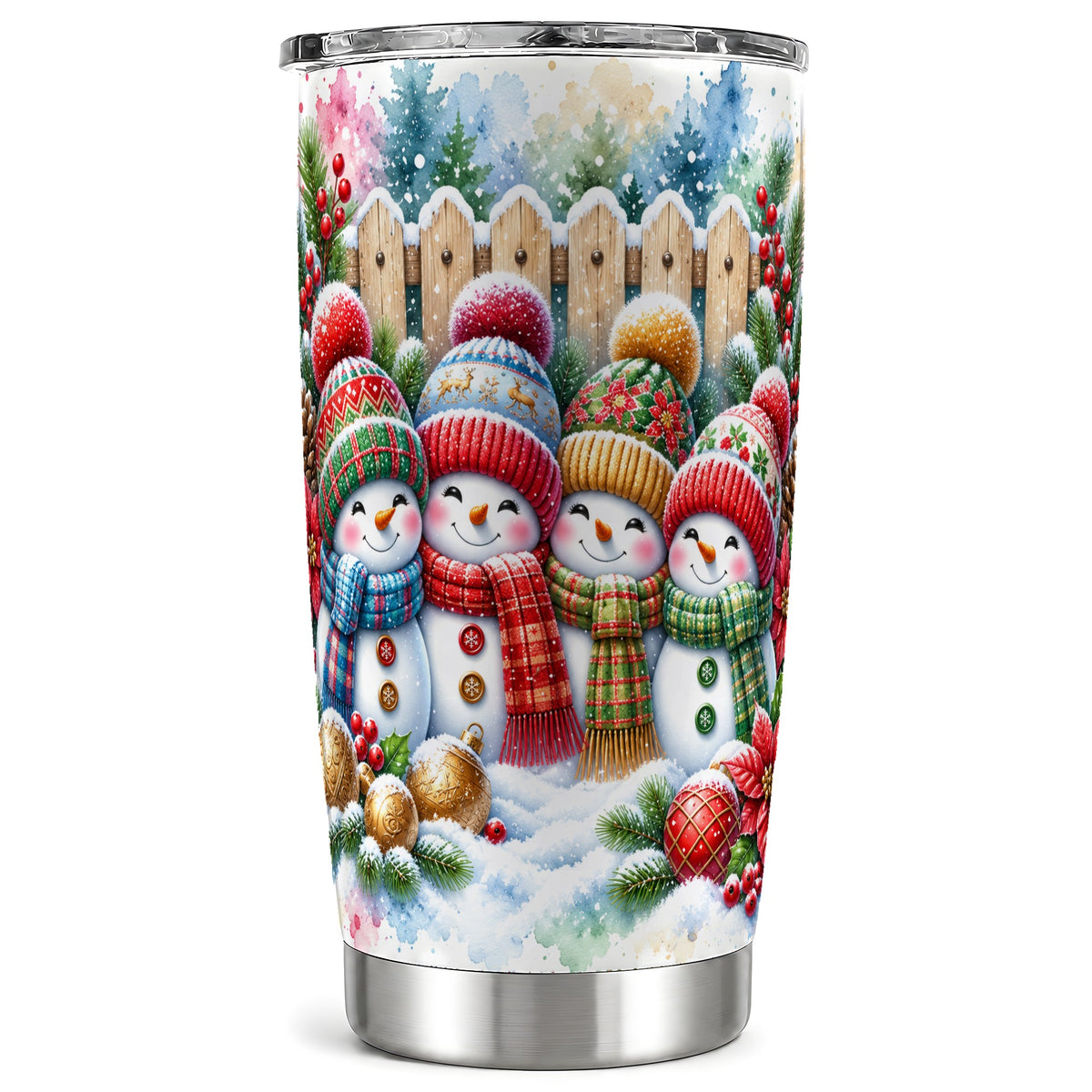Watercolor Snowman Friends Tumbler 20oz, Winter Stainless Steel Travel Cup