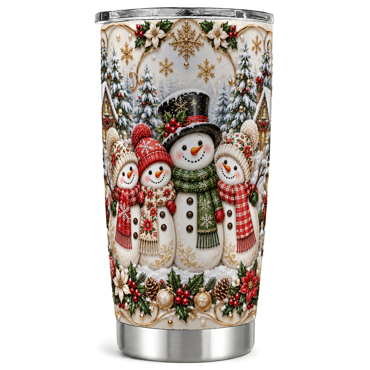 Elegant Snowman Tumbler 20oz, Golden Christmas Stainless Steel Travel Cup