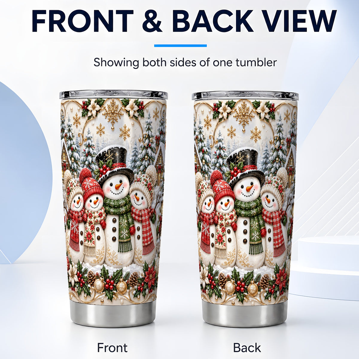 #pl[20oz|Steel] Elegant Snowman Tumbler 20oz, Golden Christmas Stainless Steel Travel Cup