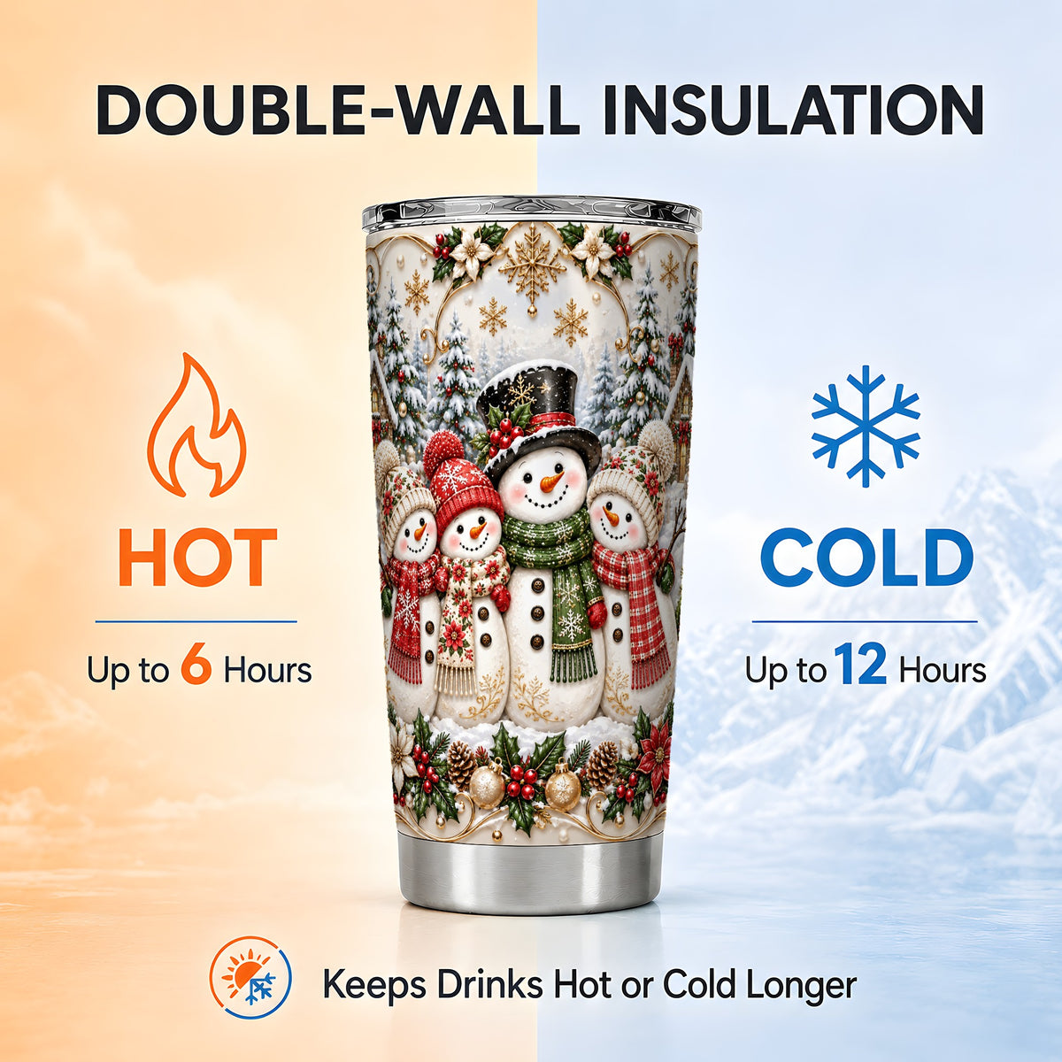 #pl[20oz|Steel] Elegant Snowman Tumbler 20oz, Golden Christmas Stainless Steel Travel Cup