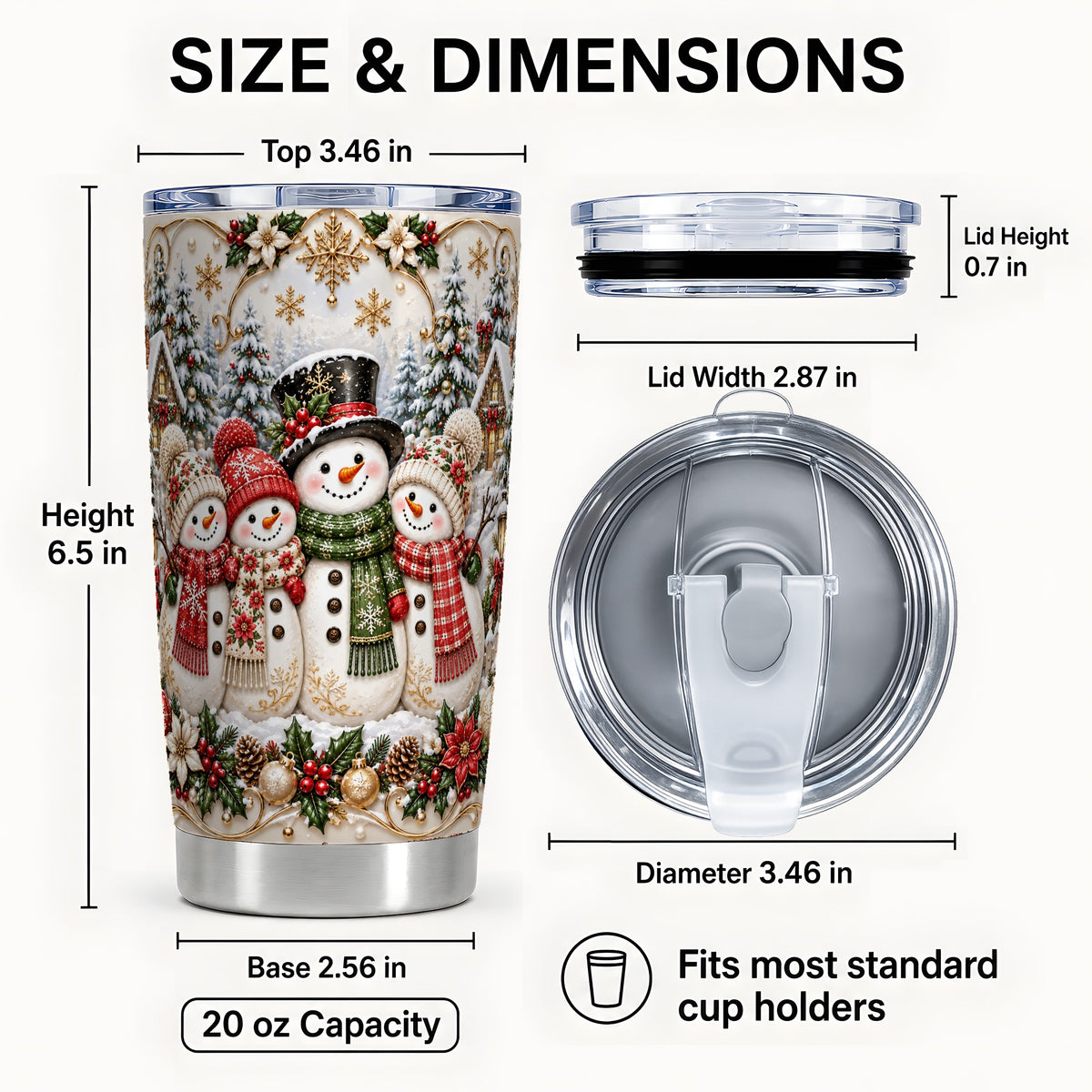 #pl[20oz|Steel] Elegant Snowman Tumbler 20oz, Golden Christmas Stainless Steel Travel Cup