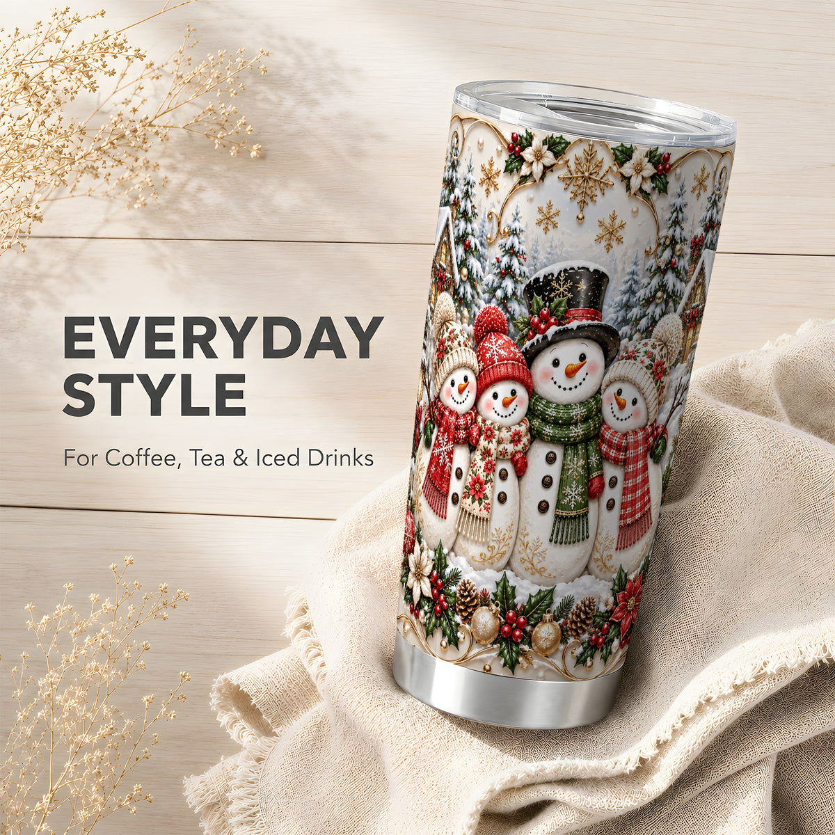 #pl[20oz|Steel] Elegant Snowman Tumbler 20oz, Golden Christmas Stainless Steel Travel Cup