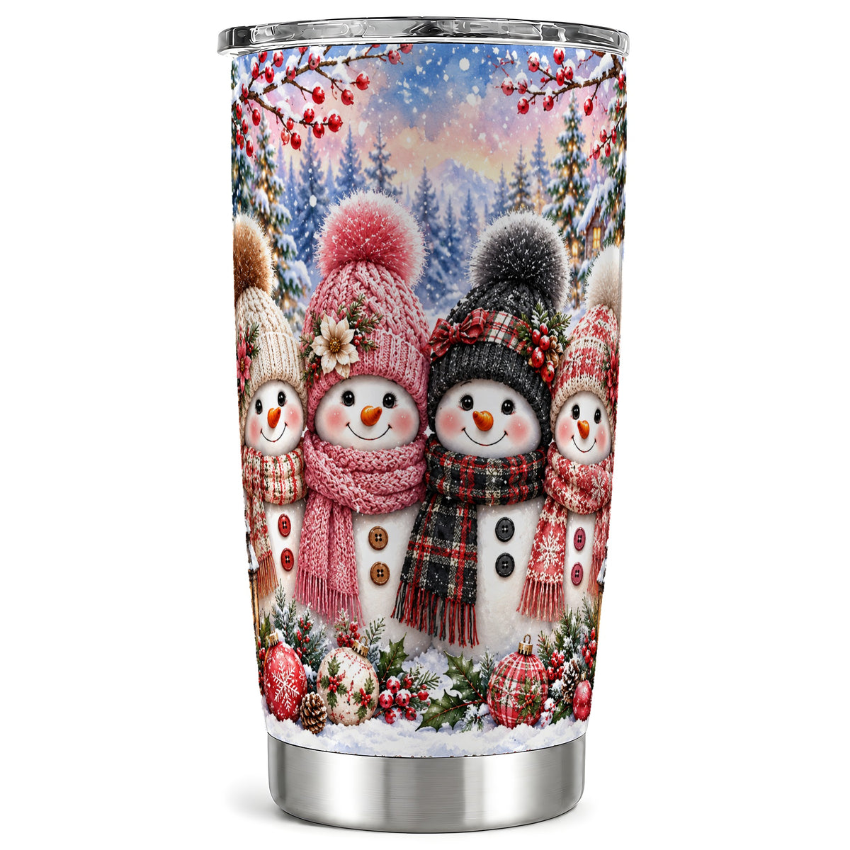 Cozy Snowman Tumbler 20oz, Plaid Winter Friends Stainless Steel Travel Cup
