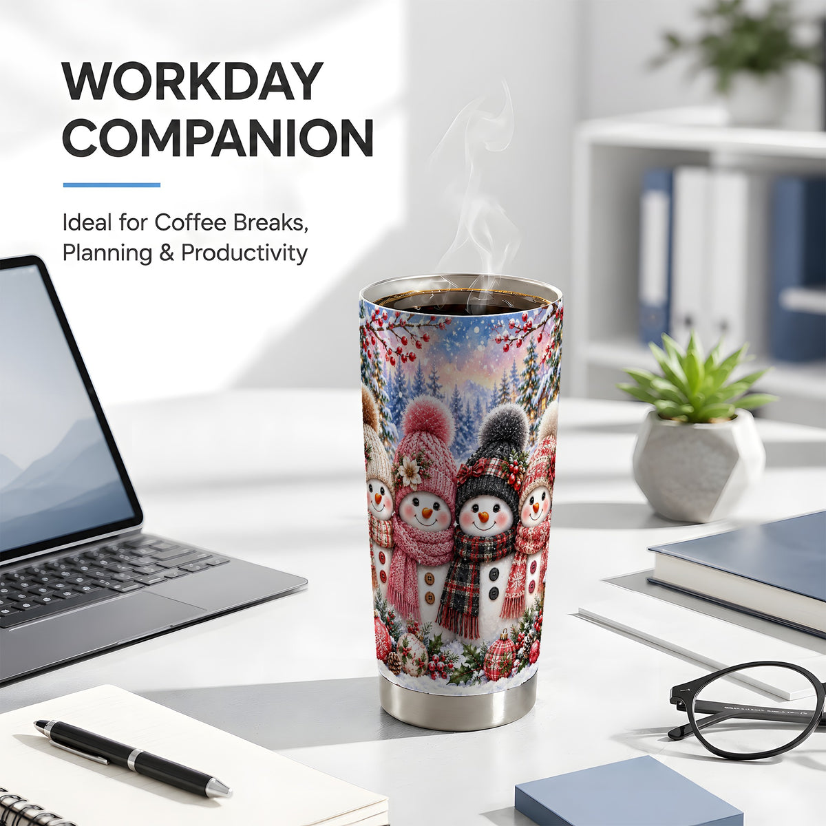 #pl[20oz|Steel] Cozy Snowman Tumbler 20oz, Plaid Winter Friends Stainless Steel Travel Cup