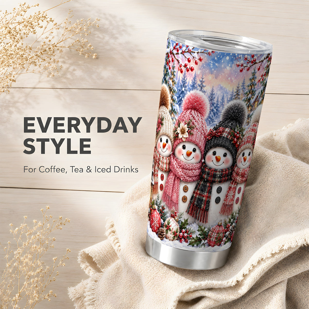 #pl[20oz|Steel] Cozy Snowman Tumbler 20oz, Plaid Winter Friends Stainless Steel Travel Cup