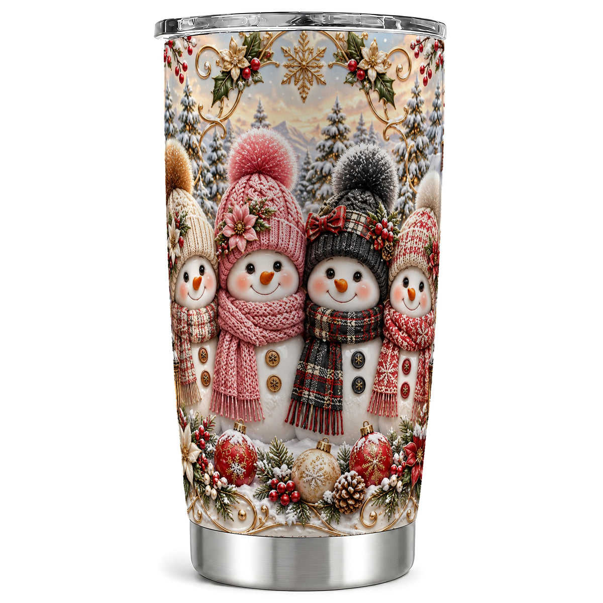 Festive Snowman Tumbler 20oz, Golden Winter Stainless Steel Travel Cup
