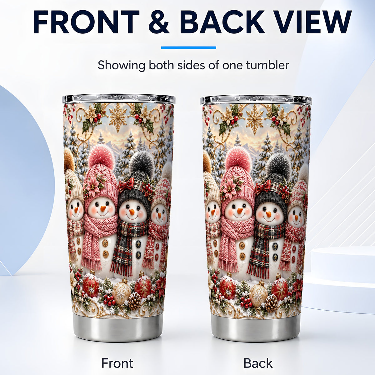 #pl[20oz|Steel] Festive Snowman Tumbler 20oz, Golden Winter Stainless Steel Travel Cup