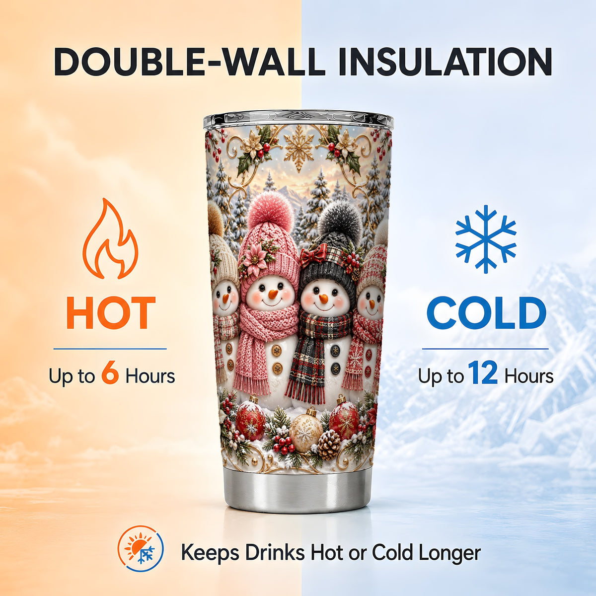 #pl[20oz|Steel] Festive Snowman Tumbler 20oz, Golden Winter Stainless Steel Travel Cup