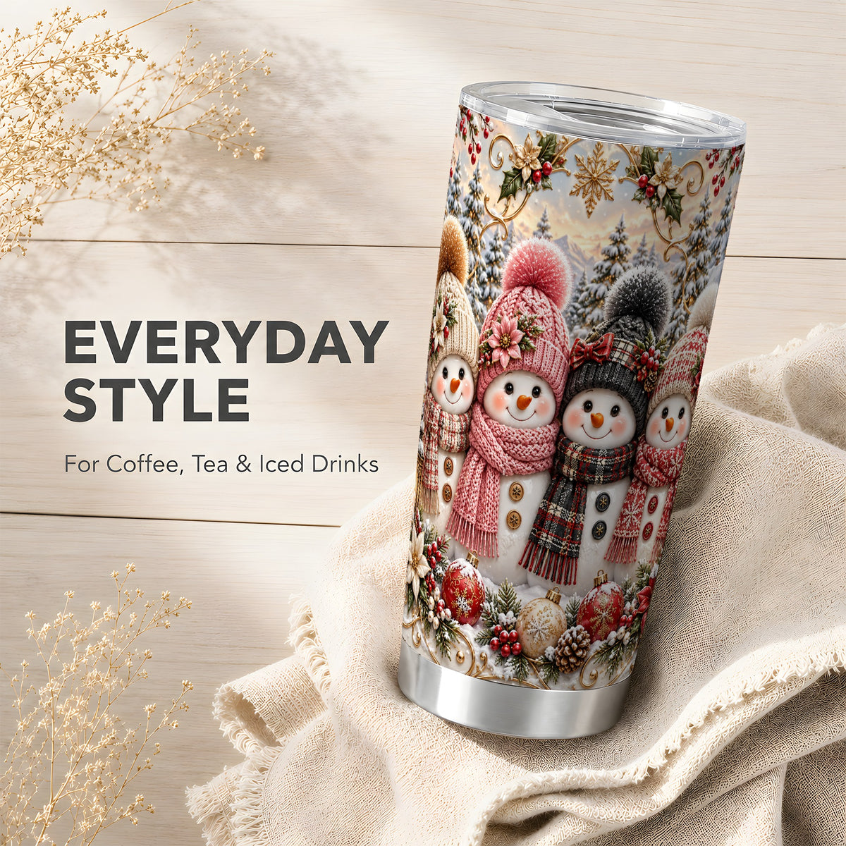 #pl[20oz|Steel] Festive Snowman Tumbler 20oz, Golden Winter Stainless Steel Travel Cup