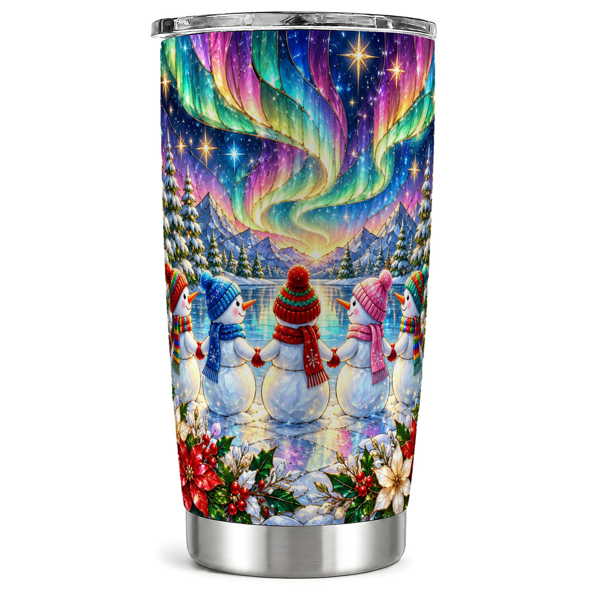 Aurora Snowmen Tumbler 20oz, Winter Tumbler, Stainless Steel Travel Cup