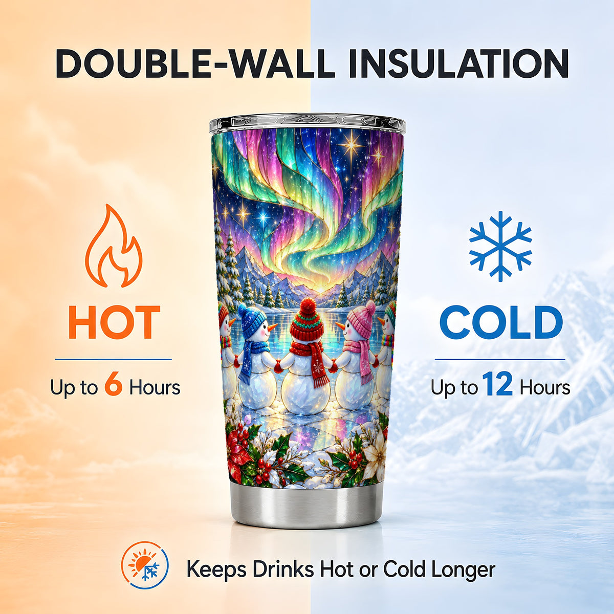 #pl[20oz|Steel] Aurora Snowmen Tumbler 20oz, Winter Tumbler, Stainless Steel Travel Cup