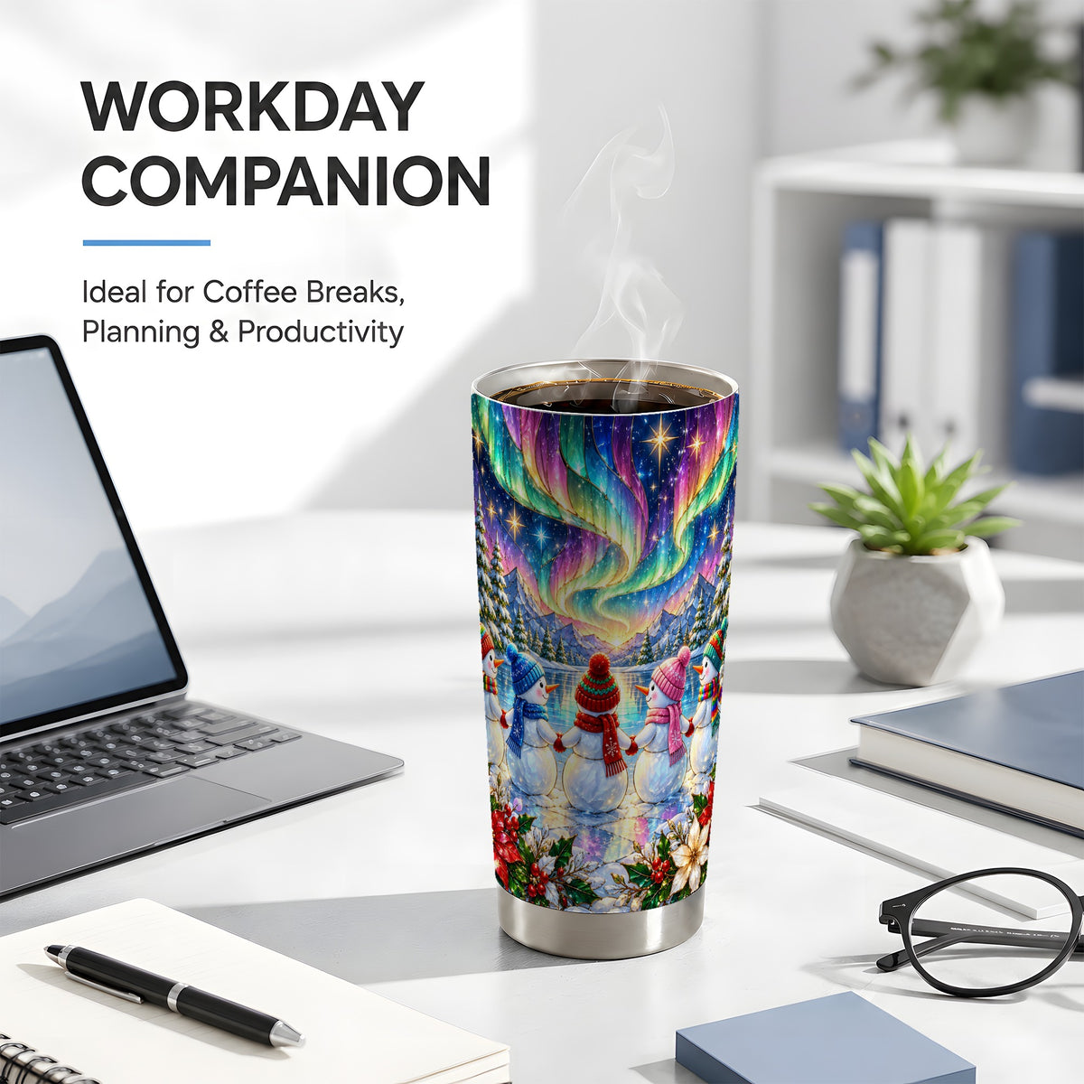 #pl[20oz|Steel] Aurora Snowmen Tumbler 20oz, Winter Tumbler, Stainless Steel Travel Cup