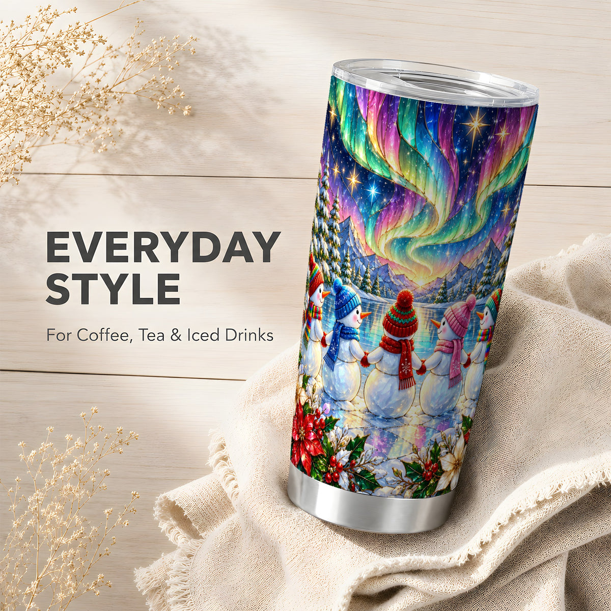 #pl[20oz|Steel] Aurora Snowmen Tumbler 20oz, Winter Tumbler, Stainless Steel Travel Cup