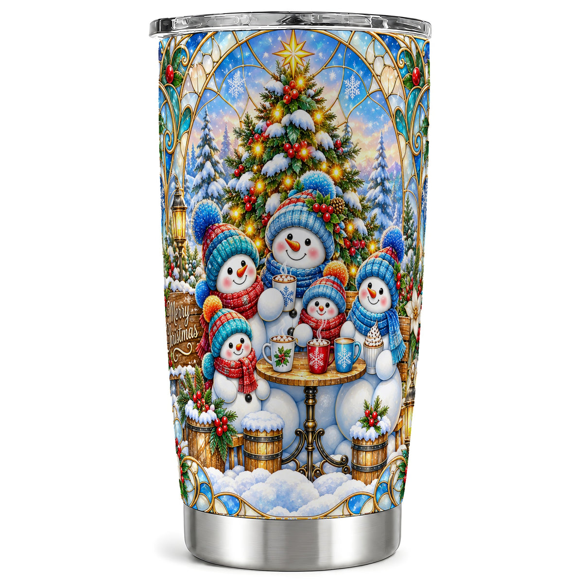 Stained Glass Snowmen Tumbler 20oz, Christmas Tumbler, Steel Travel Cup