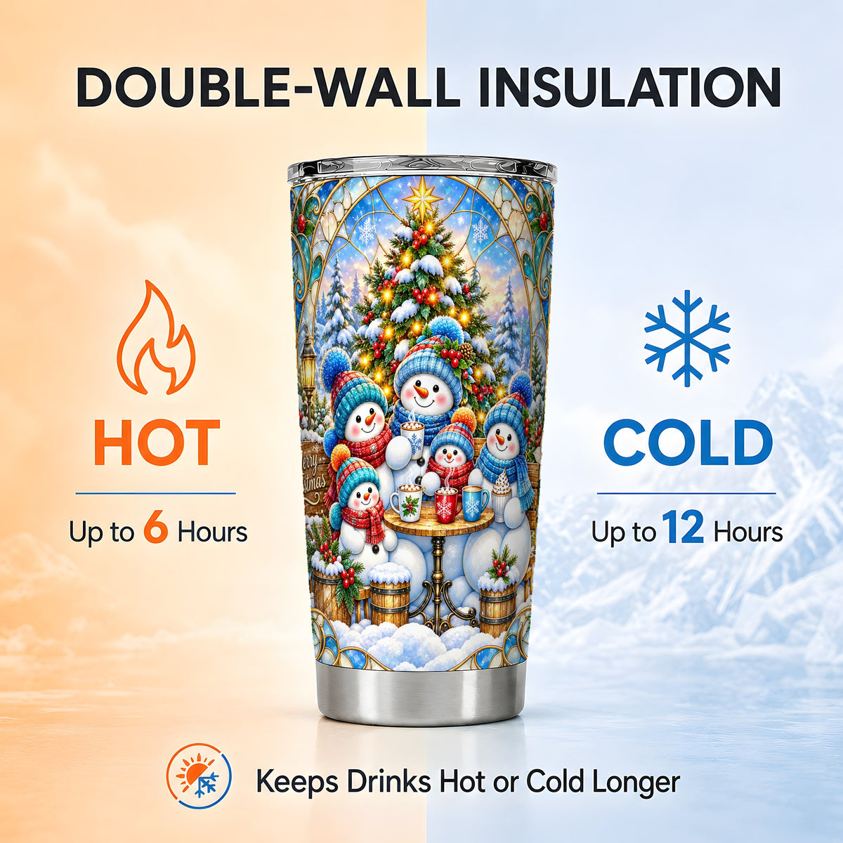 #pl[20oz|Steel] Stained Glass Snowmen Tumbler 20oz, Christmas Tumbler, Steel Travel Cup