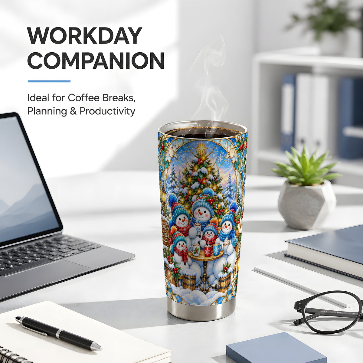 #pl[20oz|Steel] Stained Glass Snowmen Tumbler 20oz, Christmas Tumbler, Steel Travel Cup