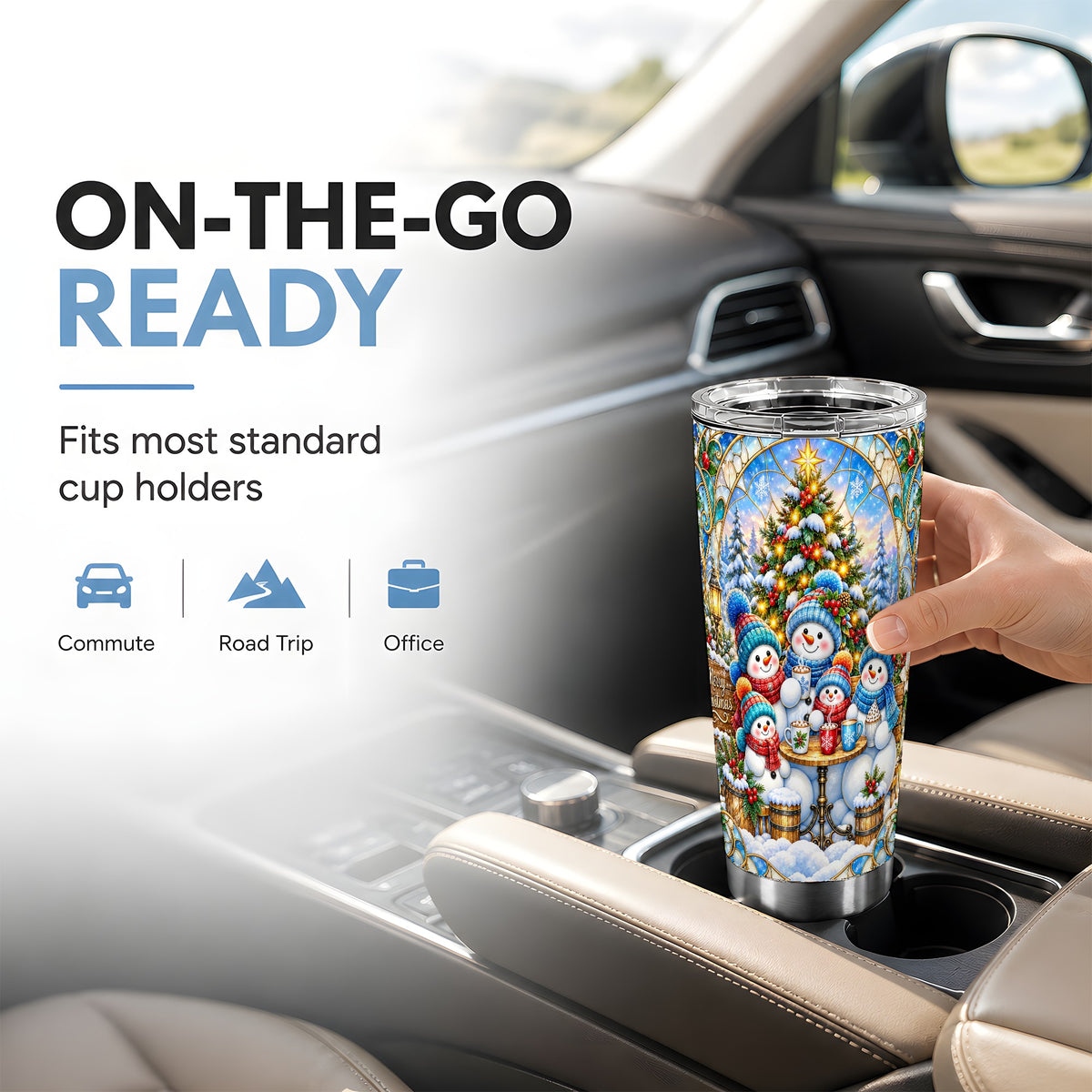 #pl[20oz|Steel] Stained Glass Snowmen Tumbler 20oz, Christmas Tumbler, Steel Travel Cup