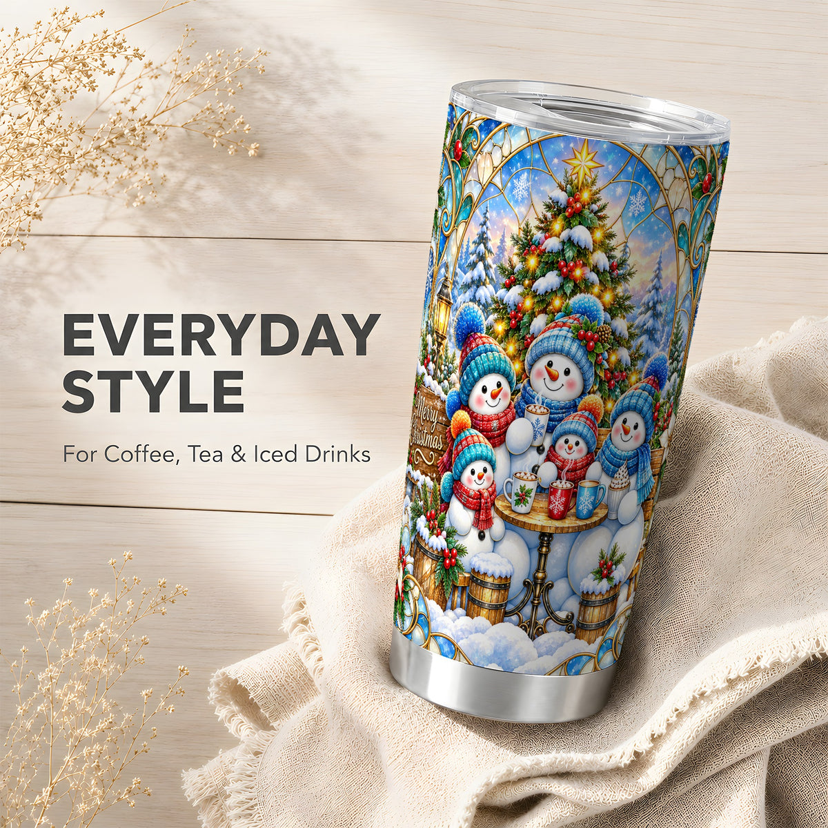#pl[20oz|Steel] Stained Glass Snowmen Tumbler 20oz, Christmas Tumbler, Steel Travel Cup