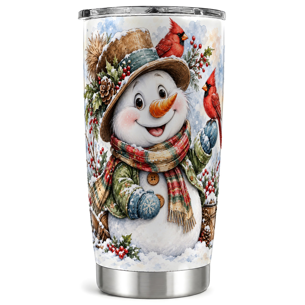 Cardinal Snowman Tumbler 20oz, Rustic Winter Tumbler, Steel Travel Cup