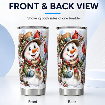 #pl[20oz|Steel] Cardinal Snowman Tumbler 20oz, Rustic Winter Tumbler, Steel Travel Cup