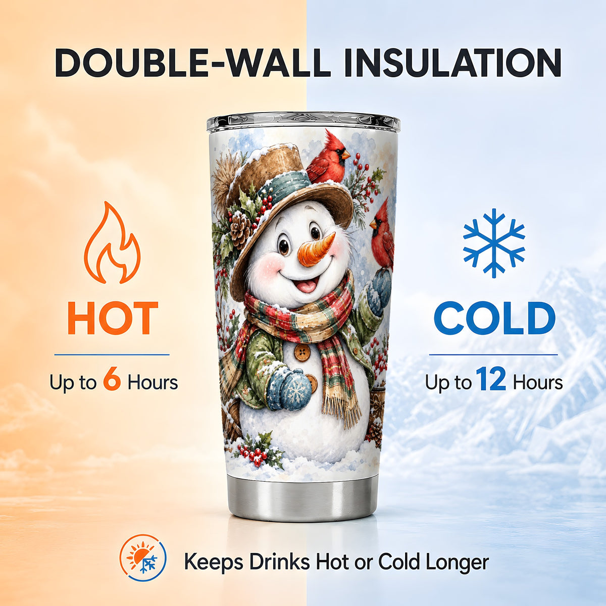 #pl[20oz|Steel] Cardinal Snowman Tumbler 20oz, Rustic Winter Tumbler, Steel Travel Cup