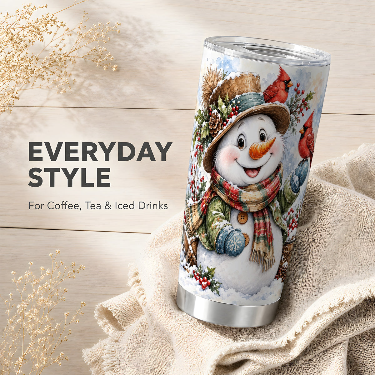 #pl[20oz|Steel] Cardinal Snowman Tumbler 20oz, Rustic Winter Tumbler, Steel Travel Cup