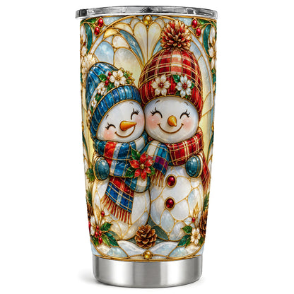 Snowman Couple Tumbler 20oz, Floral Tumbler, Stainless Steel Travel Cup