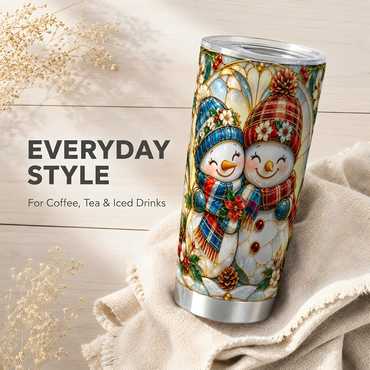 #pl[20oz|Steel] Snowman Couple Tumbler 20oz, Floral Tumbler, Stainless Steel Travel Cup