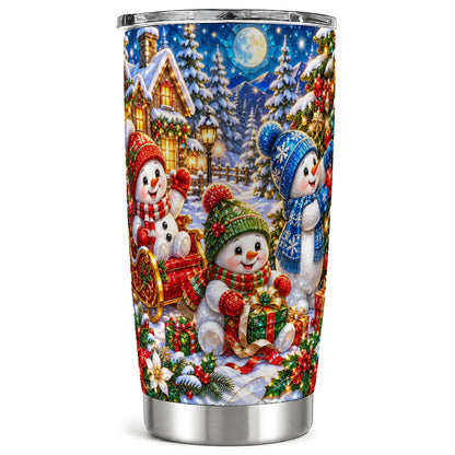 Snowman Family Tumbler 20oz, Christmas Tumbler, Stainless Steel Travel Cup