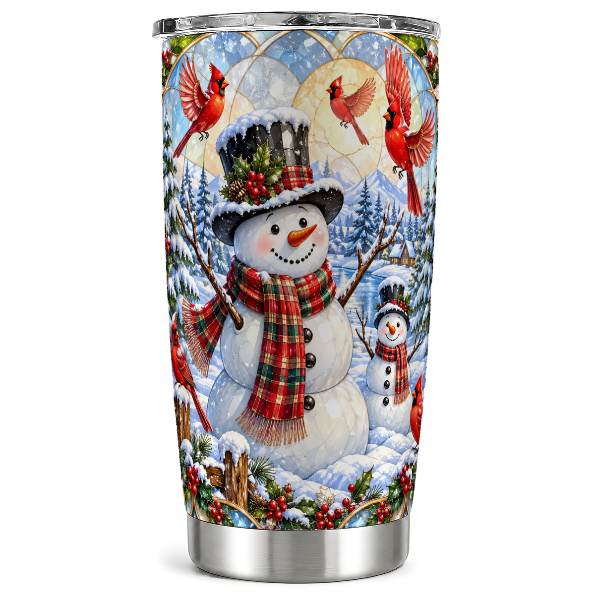 Snowman Cardinal Tumbler 20oz, Winter Bird Stainless Steel Travel Cup