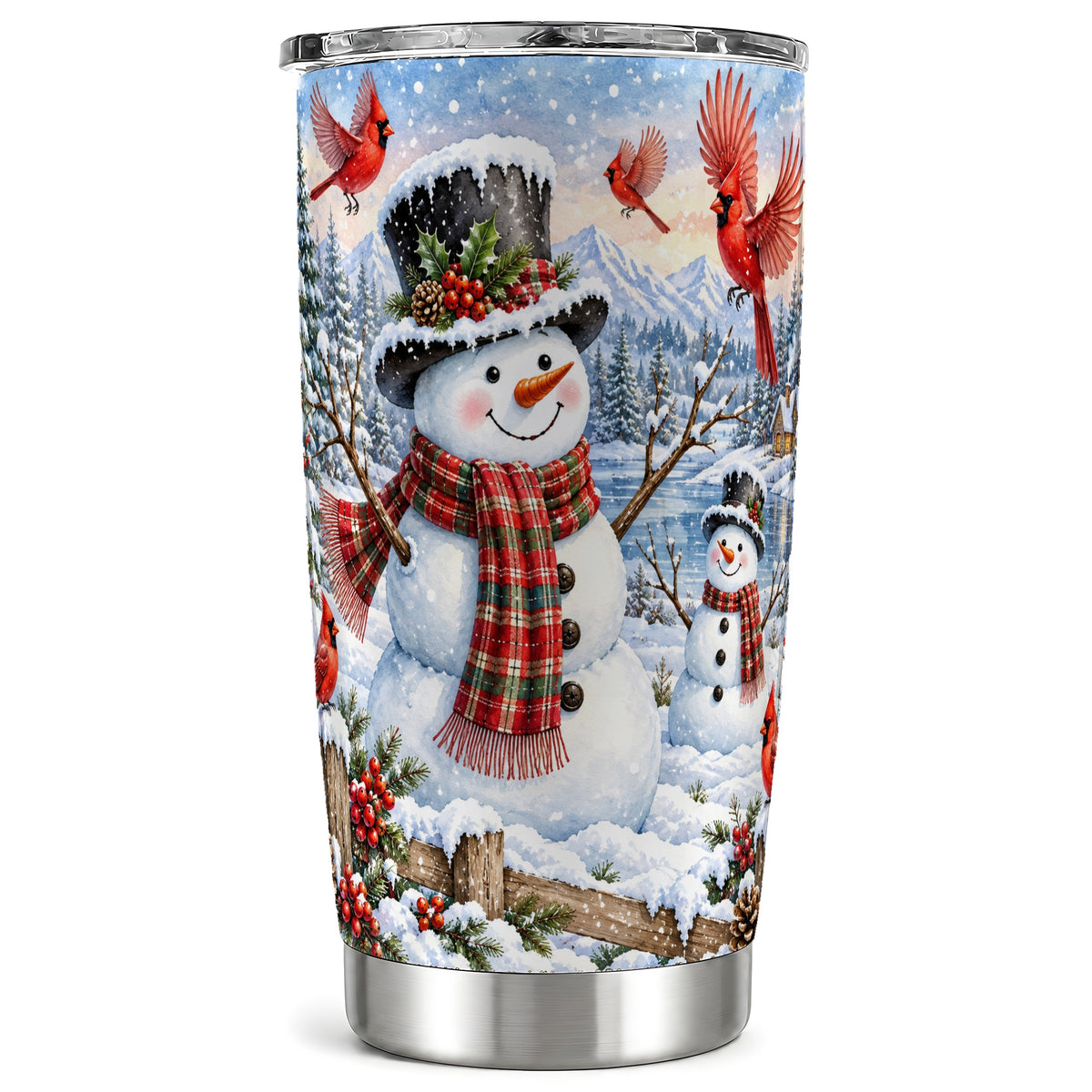 Snowman Cardinal Tumbler 20oz, Plaid Winter Stainless Steel Travel Cup