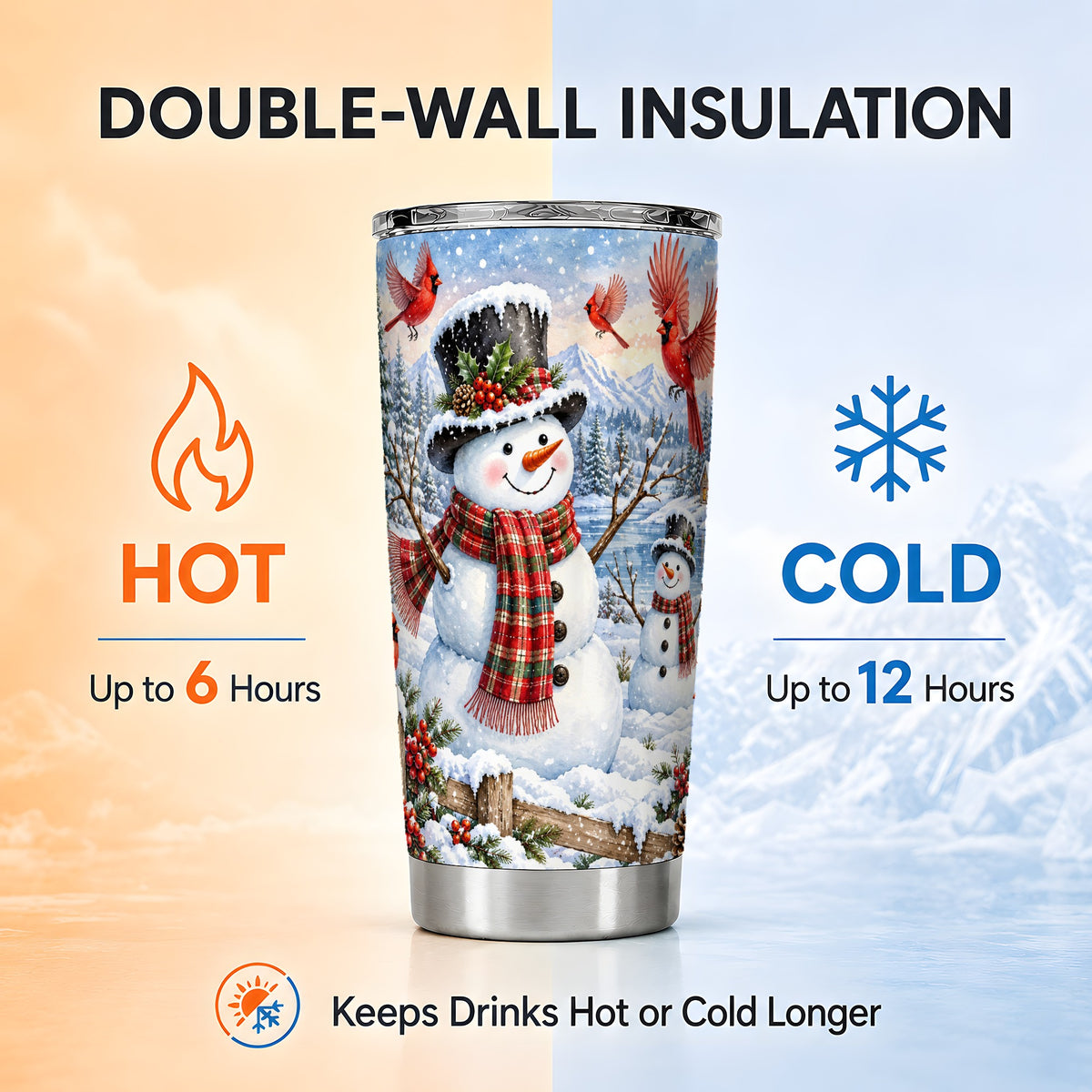#pl[20oz|Steel] Snowman Cardinal Tumbler 20oz, Plaid Winter Stainless Steel Travel Cup