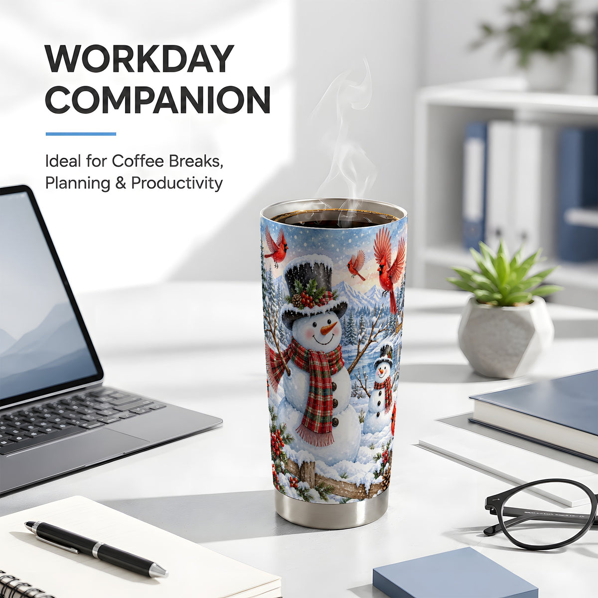 #pl[20oz|Steel] Snowman Cardinal Tumbler 20oz, Plaid Winter Stainless Steel Travel Cup