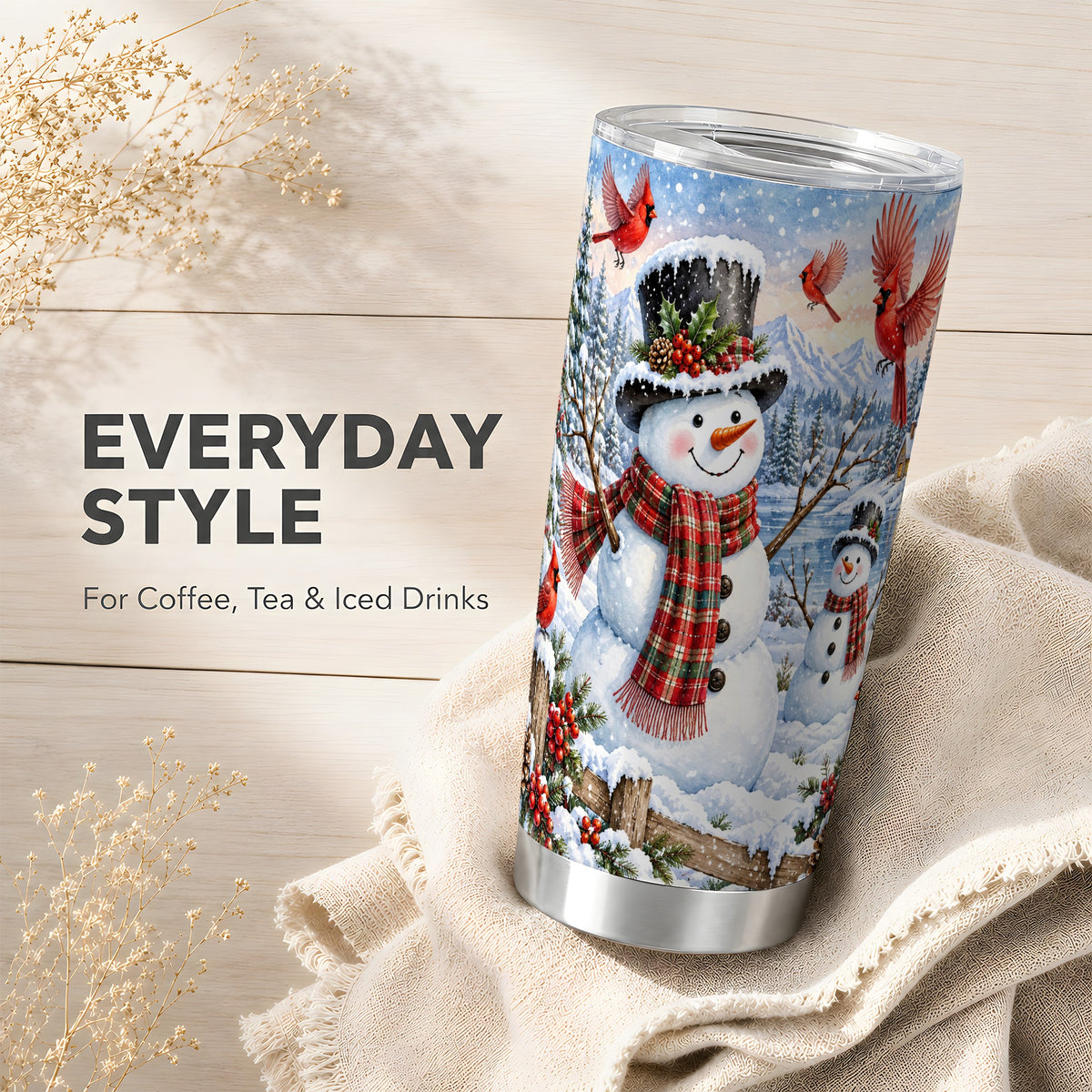 #pl[20oz|Steel] Snowman Cardinal Tumbler 20oz, Plaid Winter Stainless Steel Travel Cup