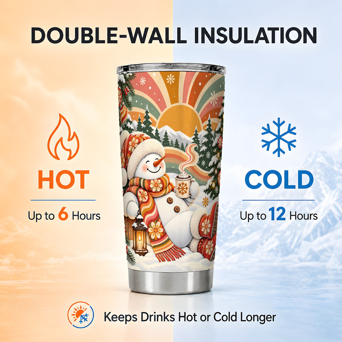 #pl[20oz|Steel] Groovy Snowman Tumbler 20oz, Retro Tumbler, Stainless Steel Travel Cup
