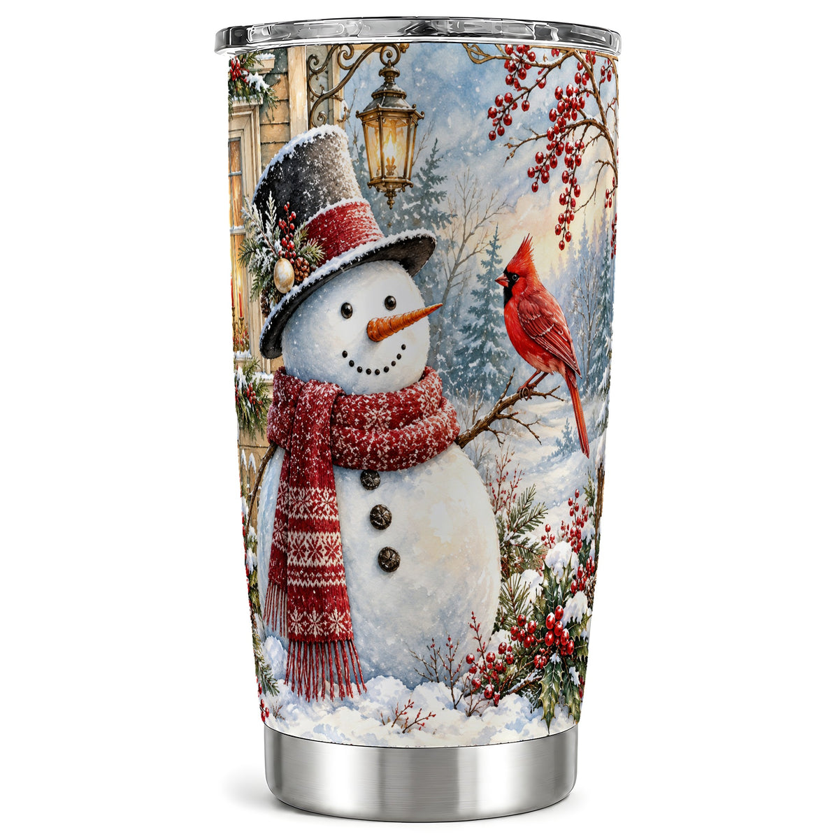Snowman Cardinal Tumbler 20oz, Winter Bird Tumbler, Steel Travel Cup
