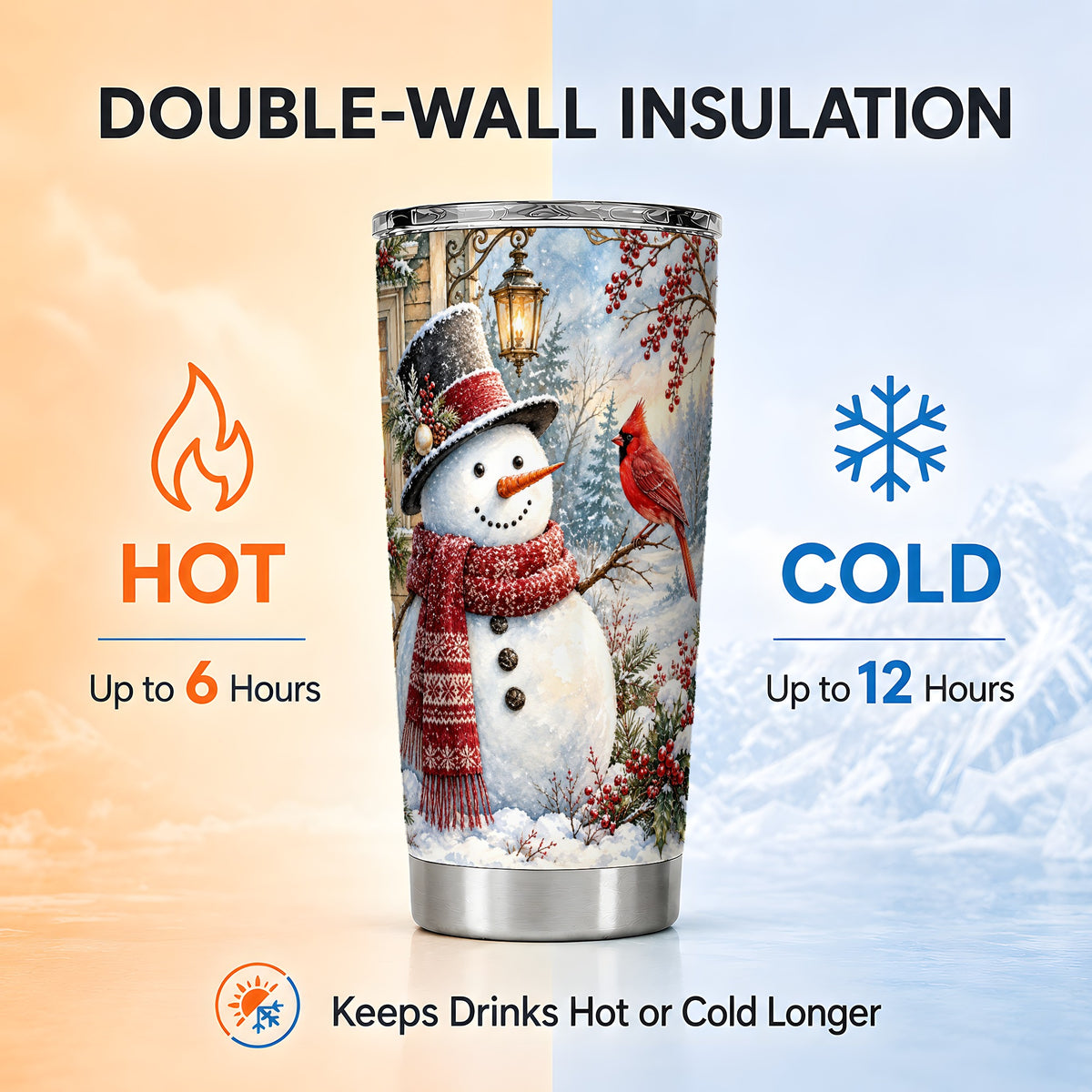 #pl[20oz|Steel] Snowman Cardinal Tumbler 20oz, Winter Bird Tumbler, Steel Travel Cup