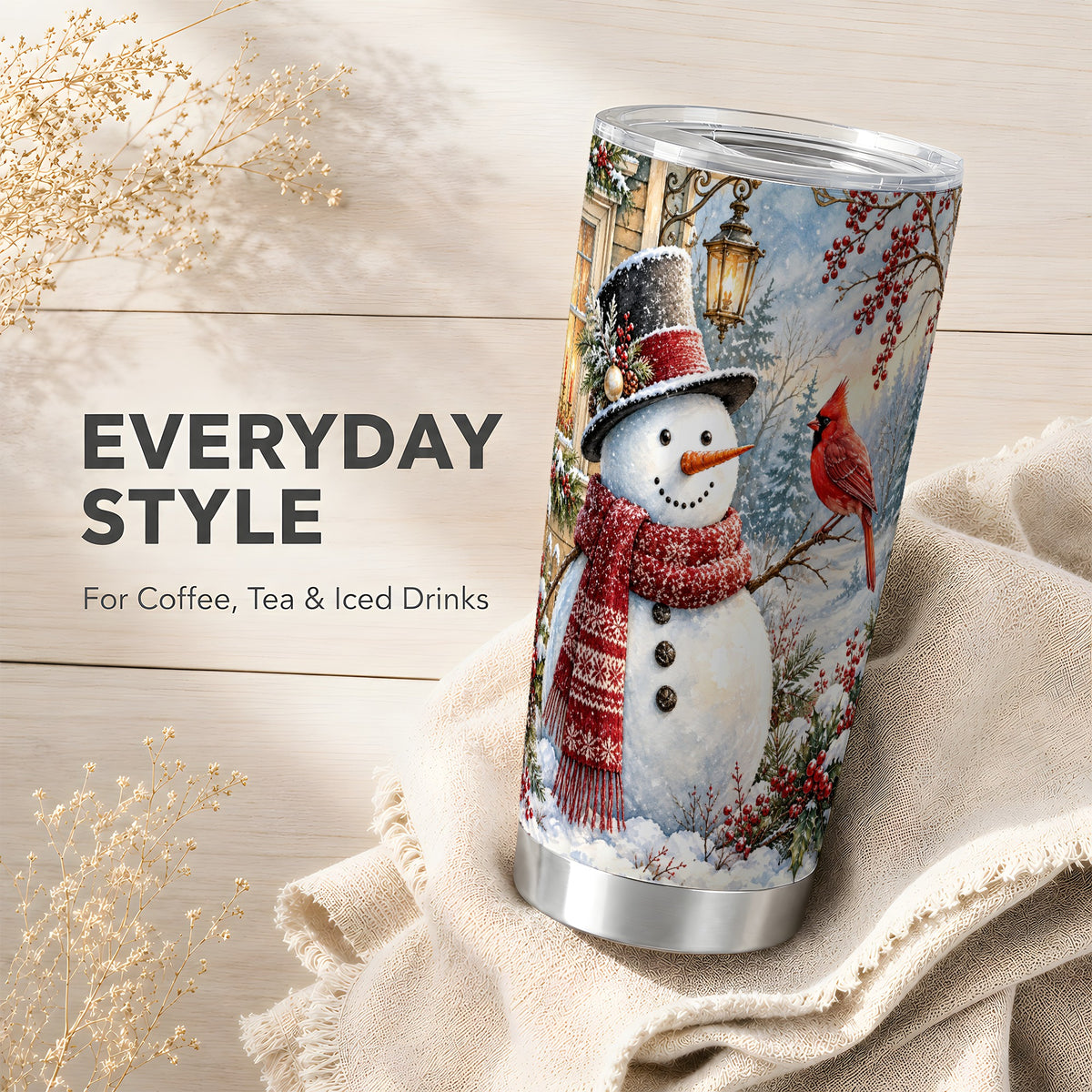 #pl[20oz|Steel] Snowman Cardinal Tumbler 20oz, Winter Bird Tumbler, Steel Travel Cup