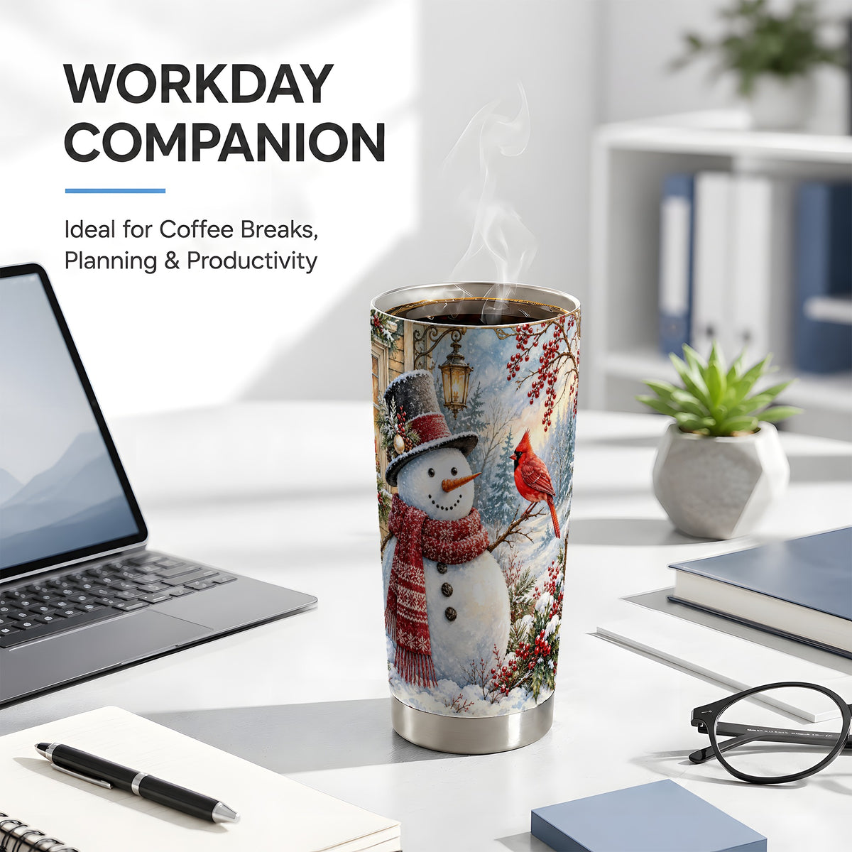 #pl[20oz|Steel] Snowman Cardinal Tumbler 20oz, Winter Bird Tumbler, Steel Travel Cup