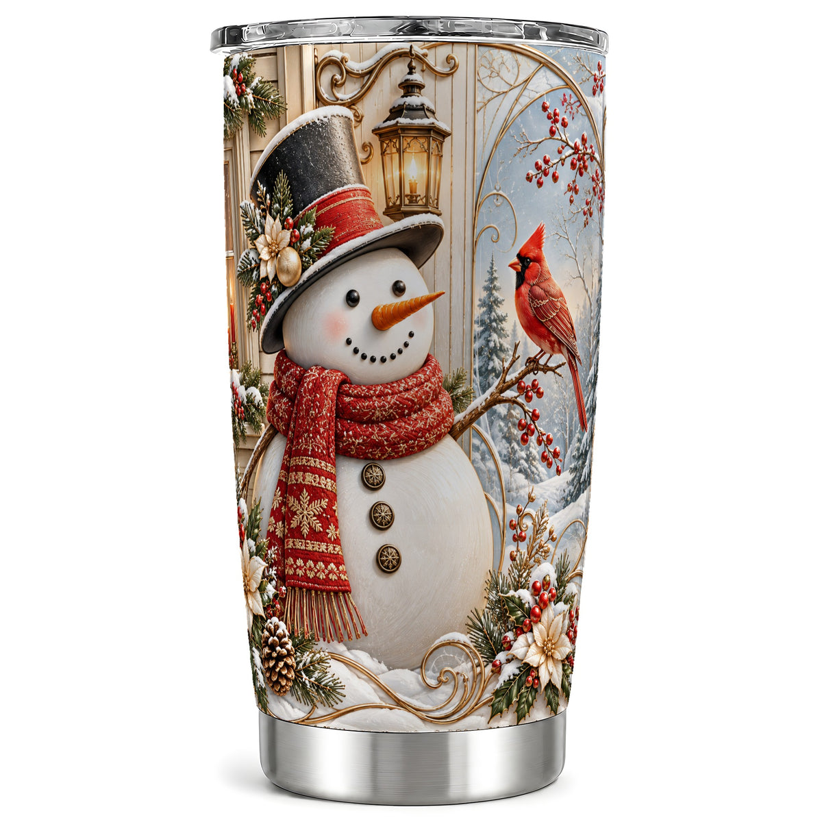 Elegant Snowman Tumbler 20oz, Cardinal Tumbler, Steel Travel Cup
