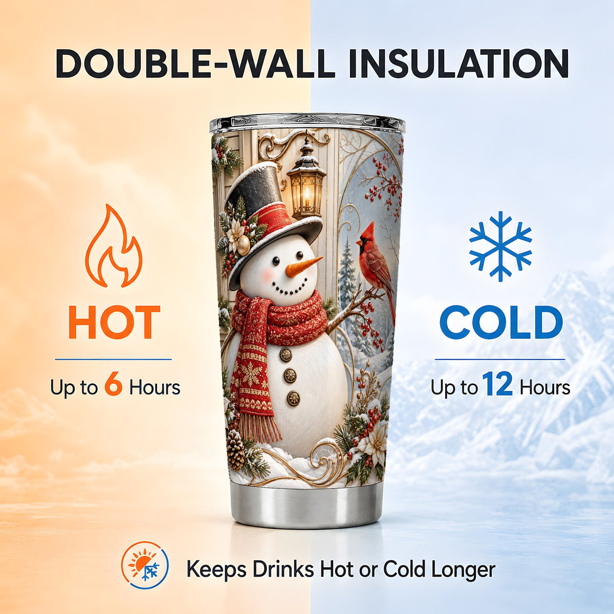 #pl[20oz|Steel] Elegant Snowman Tumbler 20oz, Cardinal Tumbler, Steel Travel Cup