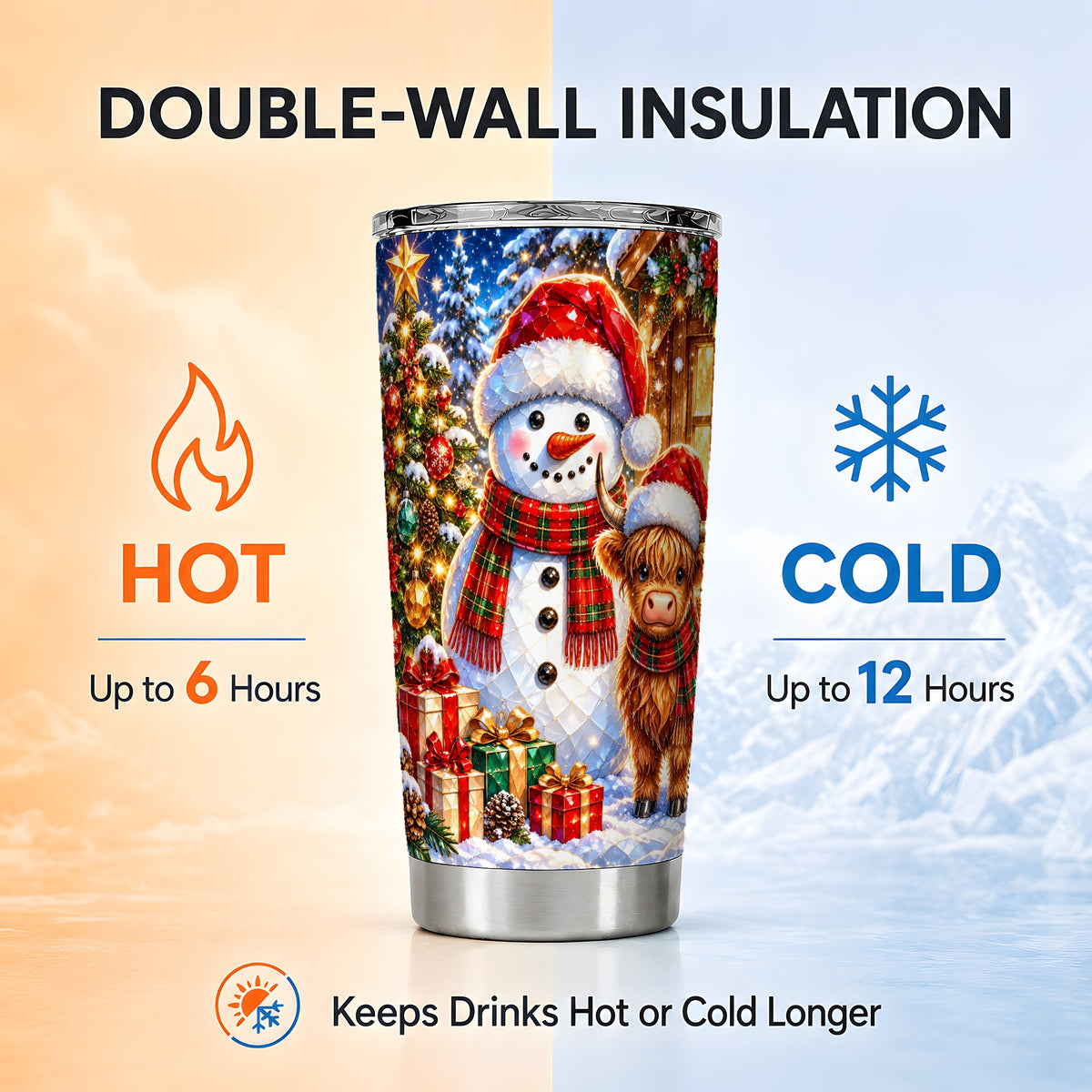 #pl[20oz|Steel] Highland Cow Snowman Tumbler 20oz, Animal Tumbler, Steel Travel Cup