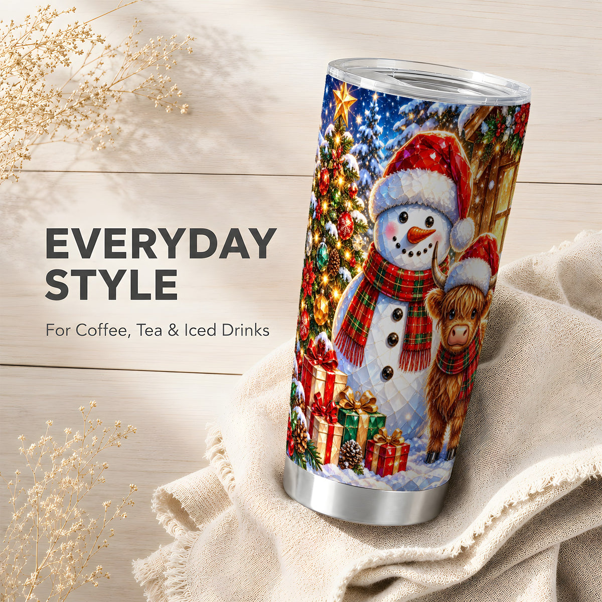 #pl[20oz|Steel] Highland Cow Snowman Tumbler 20oz, Animal Tumbler, Steel Travel Cup