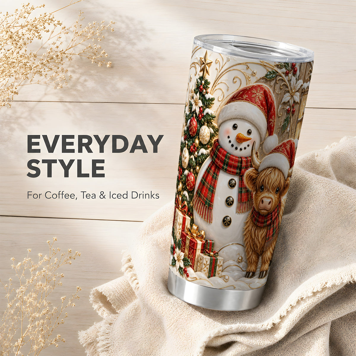#pl[20oz|Steel] Highland Cow Snowman Tumbler 20oz, Farm Tumbler, Steel Travel Cup
