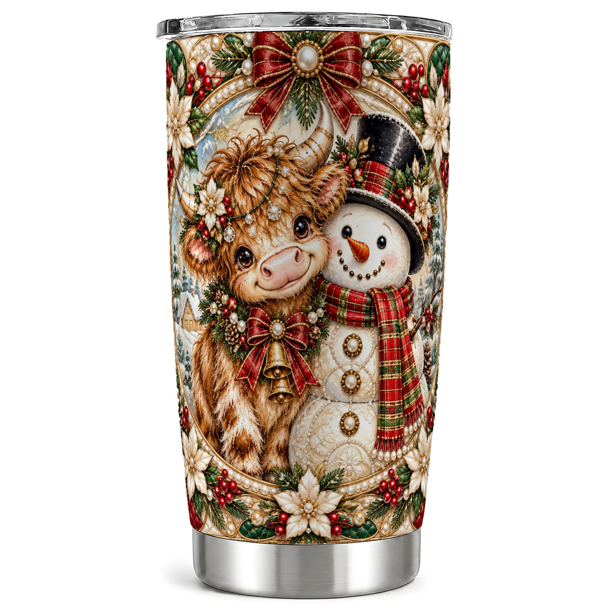 Poinsettia Cow Tumbler 20oz, Snowman Tumbler, Stainless Steel Travel Cup